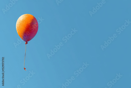 Digital illustration of a hot air balloon in pop art style, bright texture with orange and pink tones on a bright blue background.