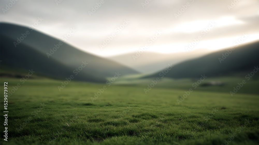 Fototapeta premium Green meadow with blurred hill background