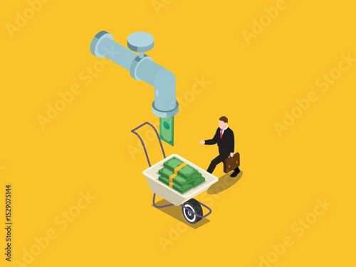 Money Faucet: Businessman Collecting Cash in Wheelbarrow