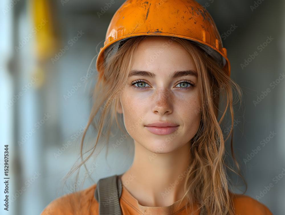 Confident Female Engineer Wearing Hard Hat and Safety Vest at Construction Site Confident Female Engineer Wearing Hard Hat and Safety Vest at Construction Site