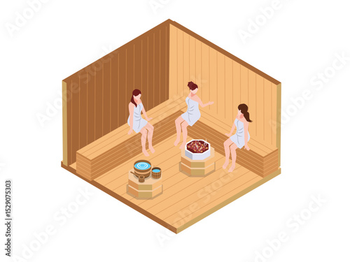 Women Relaxing in a Traditional Finnish Sauna Isometric