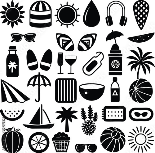 Minimalist Summer Beach Icon – Sun, Umbrella & Wave Vector
