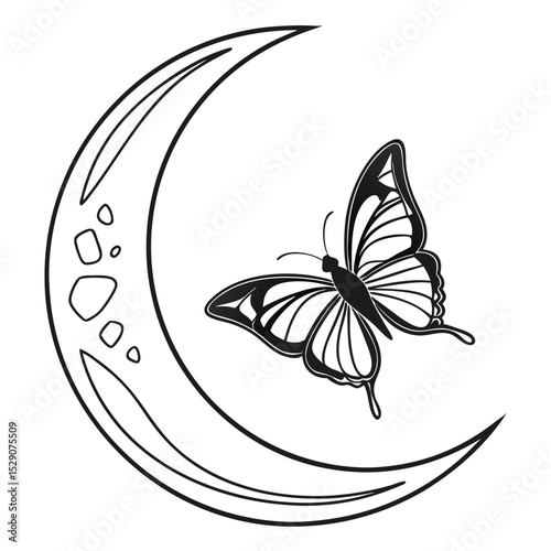 Butterfly silhouette gracefully perched on a crescent moon, creating a whimsical and enchanting atmosphere, perfect for dreamlike themes and artistic designs