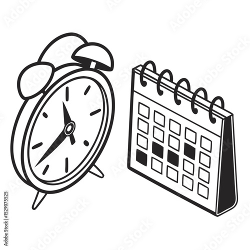 Alarm clock and calendar illustration, depicting time management and scheduling concepts, emphasizing organization and productivity in daily life and work routines