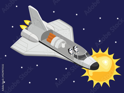 Space Shuttle in Orbit with Astronauts and Sun Isometric