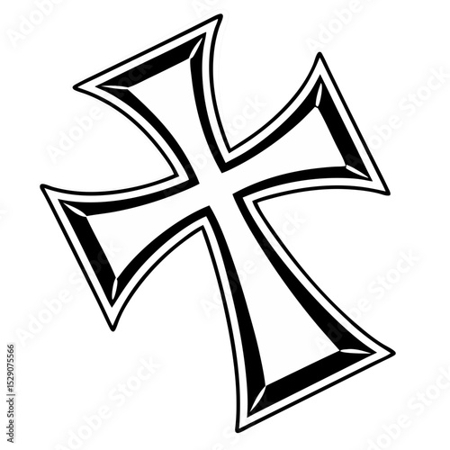 Black and white illustration of a bold, stylized cross design with sharp edges and intricate details, symbolizing faith and spirituality in a modern artistic style