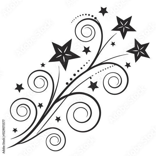 Decorative floral swirl illustration featuring stars and elegant curves, perfect for backgrounds, invitations, and creative designs, showcasing artistic flair and whimsy