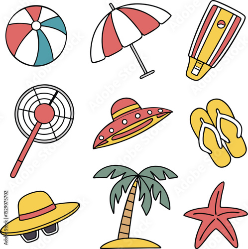 Minimalist Summer Beach Icon – Sun, Umbrella & Wave Vector