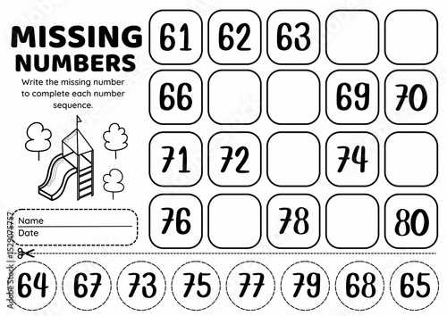 Missing Number 1–100 Worksheet, Cut and Paste Math Activity for Kindergarten to Grade 2, Early Learning Number Order Practice Worksheets