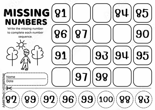 Missing Number 1–100 Worksheet, Cut and Paste Math Activity for Kindergarten to Grade 2, Early Learning Number Order Practice Worksheets