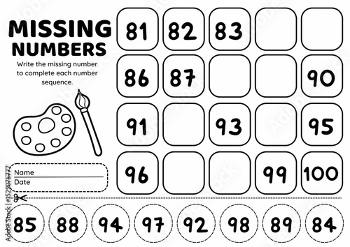 Missing Number 1–100 Worksheet, Cut and Paste Math Activity for Kindergarten to Grade 2, Early Learning Number Order Practice Worksheets