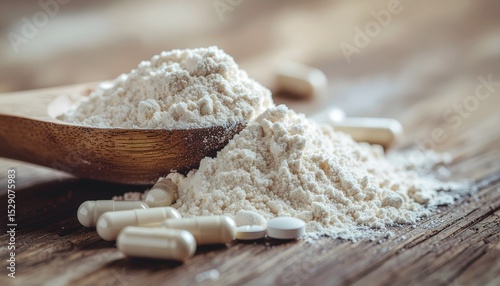 Protein powder supplement and pills on wooden surface close up