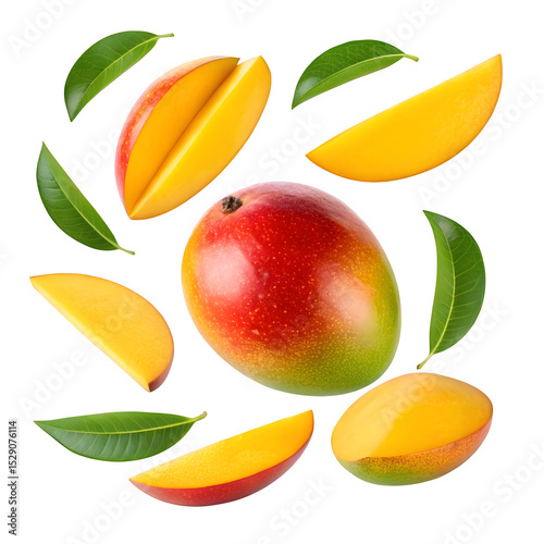 Fresh mango with slices and leaves isolated on transparent background