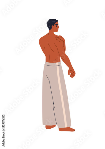 Muscular man standing, back view from behind. Male figure with naked fit torso, strong muscles, barefoot. Athletic person touching shoulder. Flat vector illustration isolated on white background