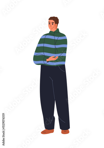 Man standing in thoughtful pose. Pensive pondering male thinking, contemplating with hand on cheek. Sad upset person considering thoughts. Flat vector illustration isolated on white background