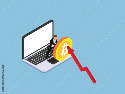 Isometric Bitcoin Price Surge on Laptop