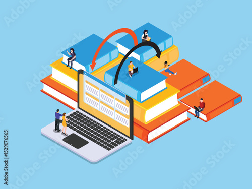 Online Education and E-learning Concept with Digital Library Isometric