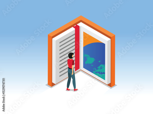 Woman Entering a Giant Book, Exploring Knowledge and the World