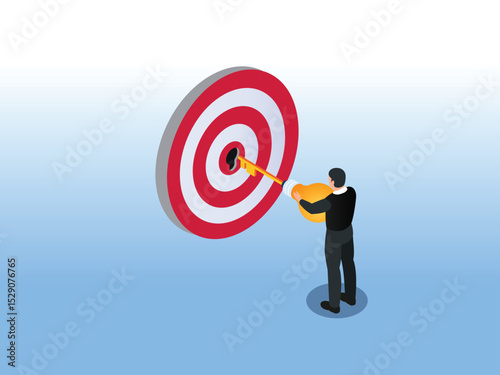 Businessman Hitting Target Bullseye with Golden Arrow