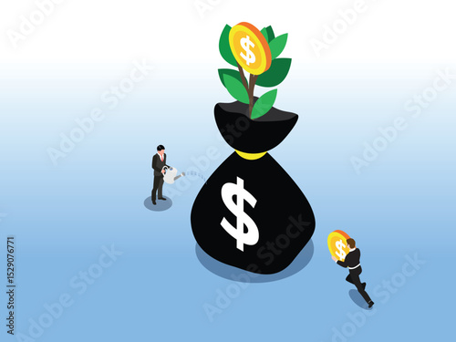 Investment Growth: Watering Money Tree from Bag of Dollars