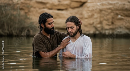Baptism of Jesus Christ. Biblical scene with John the Baptist for religious and spiritual concept.