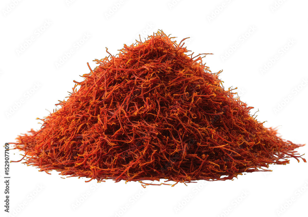 Fototapeta premium Pile of vibrant orange-red spice, a pyramid shape, against black background