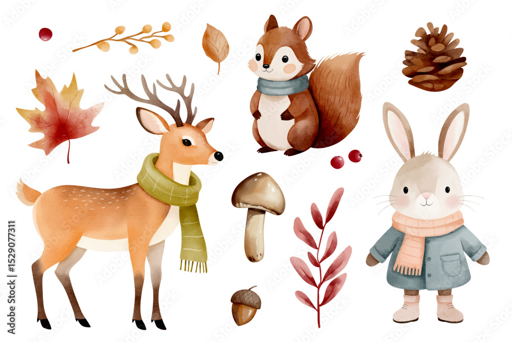 Naklejka premium Watercolor autumn woodland animals in clothes. Deer, bunny, squirrel with mushroom, leaves and pinecone.