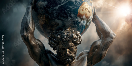 Extreme close-up of the huge great statue of the Greek God Titan Atlas as he carries the planet earth holding it with his hands above his shoulders and head. Dramatic sky on background. Generative Ai. photo
