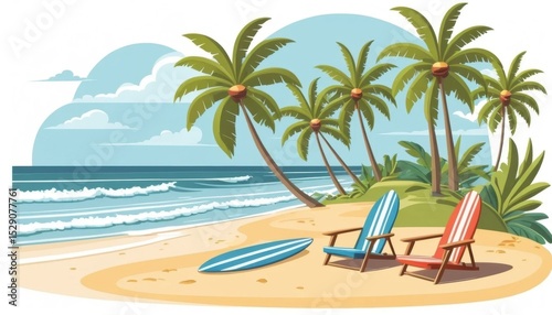Tropical palm trees line a sandy beach, inviting relaxation under the summer sky