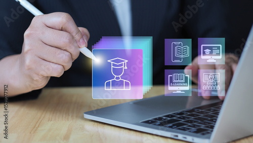 Concept of e-learning, remote education, and professional certification system. Business and technology concept.