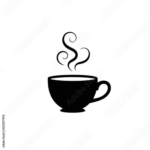 A silhouetted coffee cup emits swirling steam