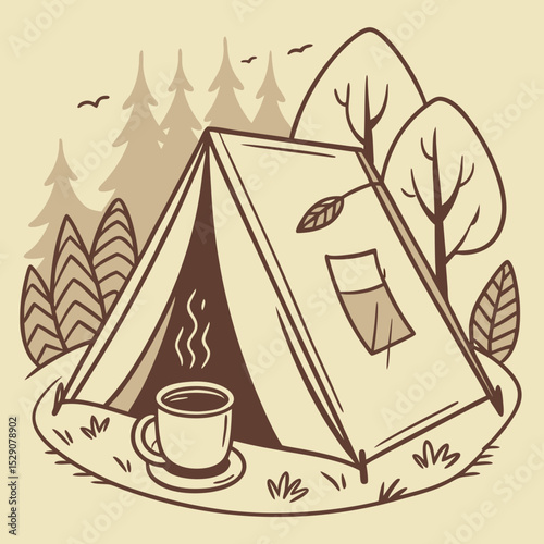 Camping tent with steaming cup in forest setting illustration  