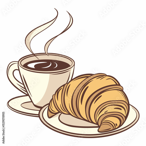 Coffee cup with steaming beverage and a croissant on a plate  