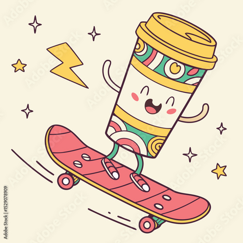 Happy coffee cup skating on a skateboard with playful design elements  
