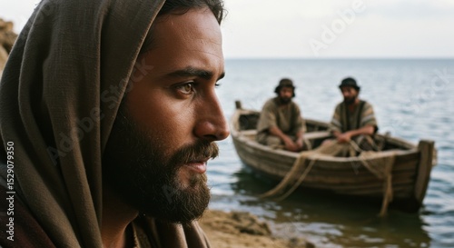A man with a beard looking towards a boat with two men on the water. Biblical scene with Jesus Christ near a fishing boat.