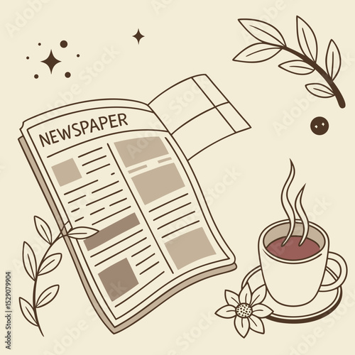 Newspaper and cup of tea with leaves and stars in a vintage style  