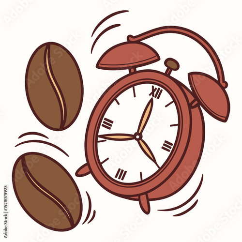 Alarm clock with coffee beans in playful illustration style  