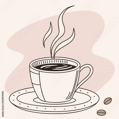 Coffee cup with steam on saucer and coffee beans in minimal style  