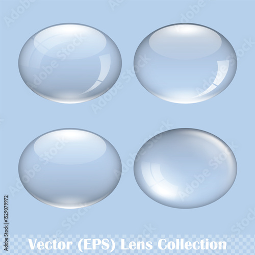 Transparent ellipse lens set, realistic glass sphere for buttons on transparent background, vector (EPS) illustration