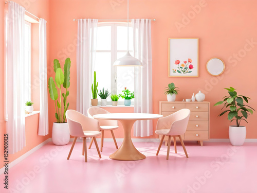 Cozy and Chic Dining Room Interior with Pastel Pink Walls