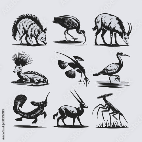 Set of nine stylized black and white animal illustrations featuring unique and exotic creatures in minimalist art style