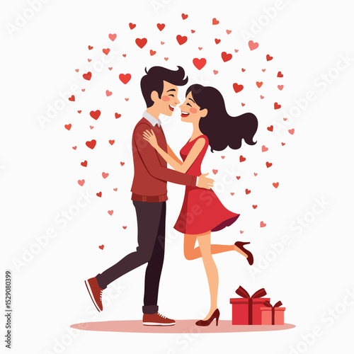 Passionate Couple Kissing with Valentine Decorations – Flat Vector Design