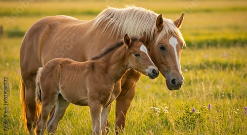 Majestic Mare and Foal Grace a Golden Meadow at Sunset Stunning equine bond nature photography