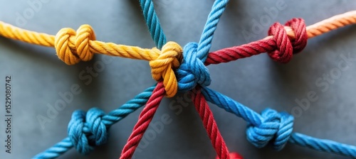 Intertwined colorful ropes forming knots on a gray background