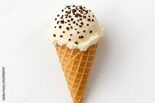 Chocolate ice cream cone with waffle texture on white background isolated as a sweet frozen dessert treat