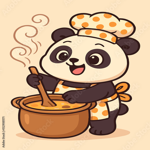 A chubby panda eagerly stirs a giant pot of soup, steam rising in funny shapes, wearing a polka dot chef hat and apron against a plain background.
