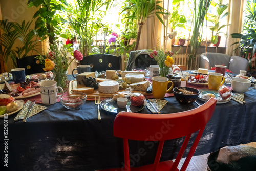 Large dining table, fully set with cheese, sausage and more delicacies for a meal with family or friends in a living room, selected focus