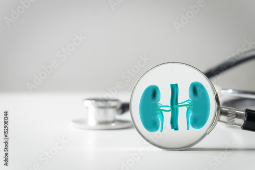 Medical and Healthcare idea.,Magnifying glass focusing on human kidneys with a stethoscope in the background.Concept for nephrology, renal health,diagnosing kidney disease,urology,urinary system.