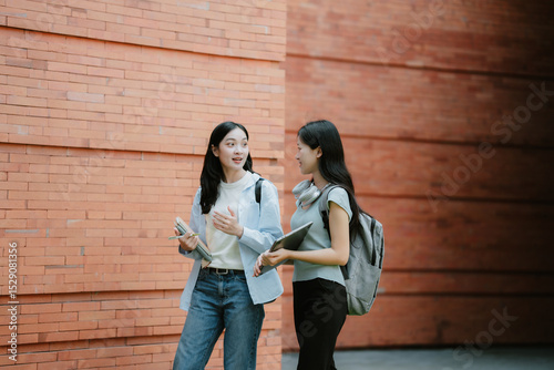 Two Asian students share a moment while walking, emphasizing friendship and education.
