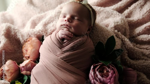 Adorable Newborn Swaddled In A Blanket Sleeps Sweetly, Dreaming Peacefully